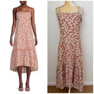 Saks Fifth Avenue Floral Ruffle Linen Blend Midi Dress Size L Brown White